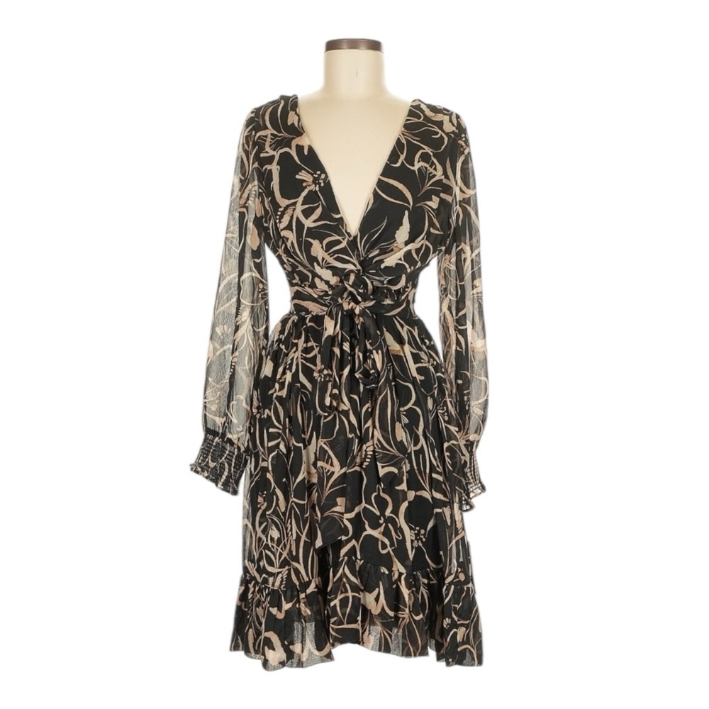 DKNY Printed Chiffon Long Sleeve A-Line Dress Black Beige Floral NWT 4 MSRP $139 - Picture 1 of 9